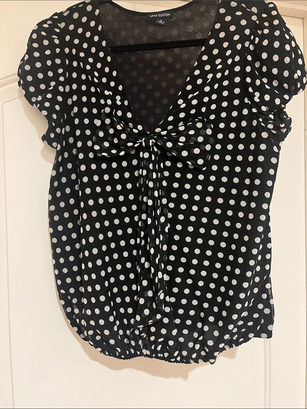 Max Edition Black and White Polka Dot Tie-Front Blouse